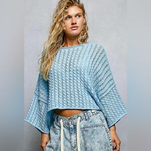 Sky Blue Cable-Knit Openwork Round Neck Cropped Sweater